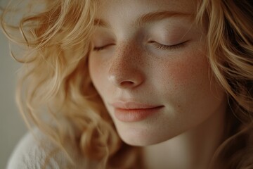 Naklejka premium Close-up of a young woman with beautiful, light-golden hair and natural beauty.