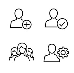 Four user interface icons depicting adding a user, confirming, group and settings management