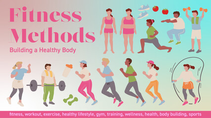 ダイエット、筋力トレーニング、ランニング、ヨガをする様々な人種の人々のベクターイラストセット　Vector illustration set of people of various ethnicities dieting, strength training, running, yoga