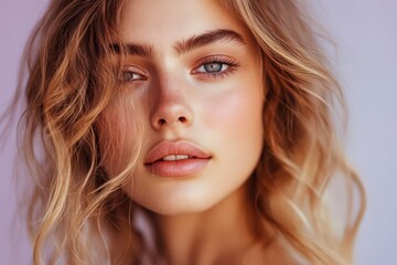 Fototapeta premium Close-up portrait of a young woman with highlighted features.