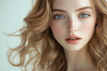 Fototapeta premium Close-up portrait of a young woman with beautiful curly hair and flawless skin.