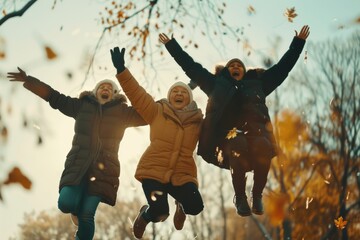 Happy family jumping in autumn park. Mother, father and children having fun together.