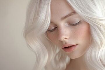 Naklejka premium Close-up portrait of a woman with light blonde hair and delicate features.