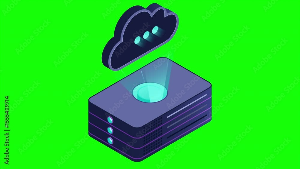 Poster isometric cloud database animation. cloud computing and file cloud storage. modern technology. motio