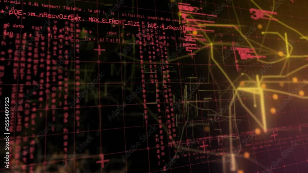 Poster on 3d magenta grid forming interface streaming red code and yellow circuitry showing network links