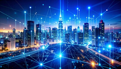 Illuminated cityscape, exploring the interconnected web of network lines and urban lights