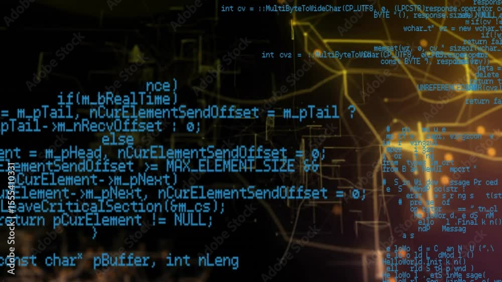 Poster drifting chars starting blue code fading in scrolling pulsing orange network showing queue logic
