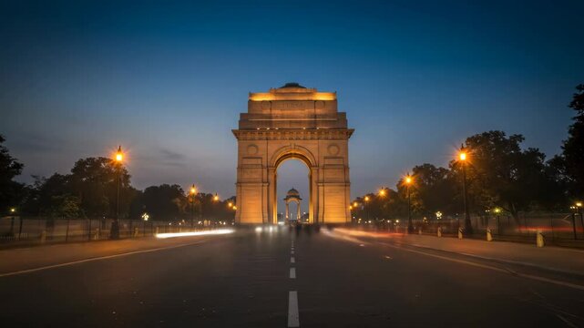 Majestic India Gate at twilight, illuminated against a darkening sky, with a long road leading towards it.