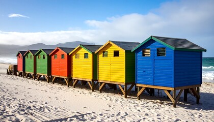 Naklejka premium Colorful beach huts on a sandy shore (1)