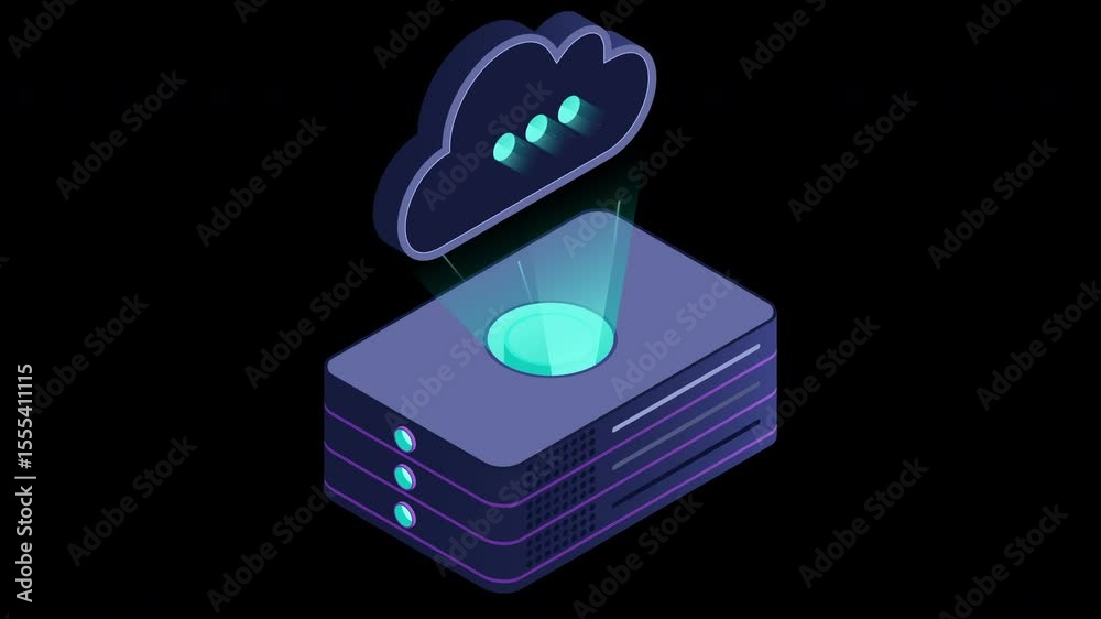 Poster isometric cloud database animation. cloud computing and file cloud storage. modern technology. motio