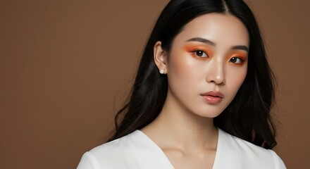 Naklejka premium Young Asian Woman with Vibrant Orange Eyeshadow and Pearl Earrings on Brown Background