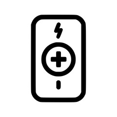 Obraz premium A simple black and white icon of a battery with a plus and minus sign and a lightning bolt symbol.
