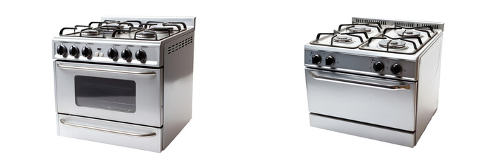 Isolated Stainless Steel Gas Stove Appliance on White Background Displaying Burners and Oven with Modern Design