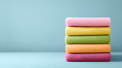 Stack of colorful soft bath towels neatly arranged in a bathroom ready for use Clean and fresh towels a symbol of comfort and hygiene
