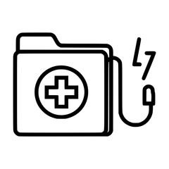 Fototapeta premium A medical folder icon with a cross symbol, connected to a charging cable and lightning bolt.