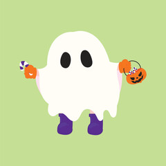 Flat vector illustration of a cute ghost character with candy and pumpkin bucket, wearing purple boots. Ideal for Halloween-themed decorations, party graphics, trick or treat designs, festive designs