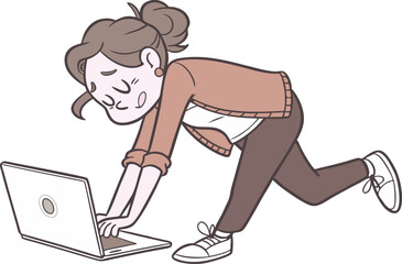 Young Woman Leaning Over Laptop Illustration ,  A vibrant, modern vector illustration of a young woman or student interacting with a laptop computer. She is casually dressed in a hoodie and pants, wit