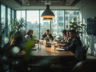 Blurred Office Meeting Scene with Silhouettes Around Conference Table and Soft Lighting