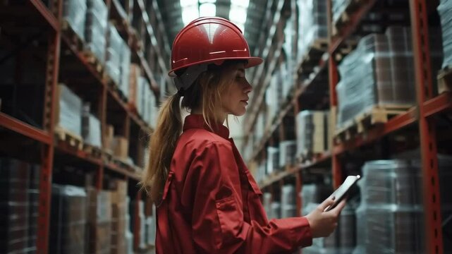 Professional Heavy Industry Engineer/Worker Wearing Safety Uniform and Hard Hat Uses Tablet Computer. Walking check products with tablet lin a Metal Manufacture Warehouse