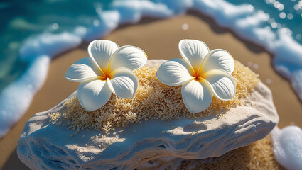 Serene Beach Scene Two White Plumeria Flowers on Sandy Rock near Ocean Waves