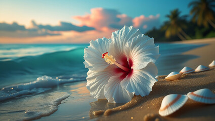 Serene Sunset White Hibiscus Flower on Tropical Beach