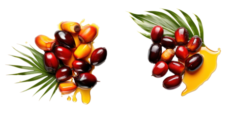 Palm Oil Fruits With Green Leaves And Yellow Liquid Isolated Against A Black Background Showing Food Ingredients And Healthy Nutrition With Realistic Textures