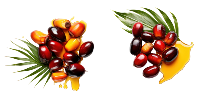 Palm Oil Fruits With Green Leaves And Yellow Liquid Isolated Against A Black Background Showing Food Ingredients And Healthy Nutrition With Realistic Textures
