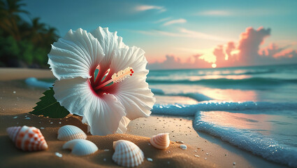 Serene Sunrise White Hibiscus Flower on Tropical Beach