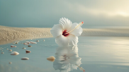 Serene White Hibiscus Flower on Tranquil Beach at Sunrise