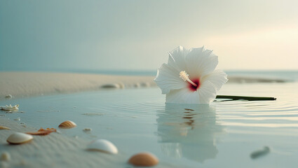 Serene White Hibiscus Flower on Tropical Beach Shore at Sunset