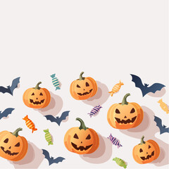 Vector Halloween frame with grinning pumpkins, candy, bats, and stars in a lighthearted spooky design for seasonal celebrations.
