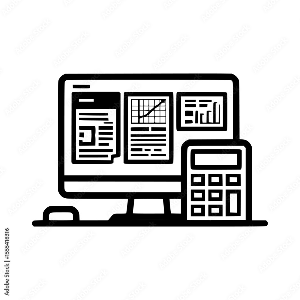 Poster a computer monitor displaying financial data and a calculator, presented in a minimalist black and w