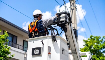 電線を点検する高所作業員