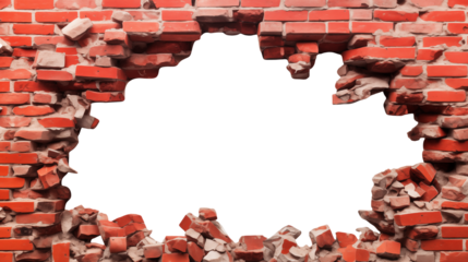 Damaged brick wall features a large hole with a transparent background