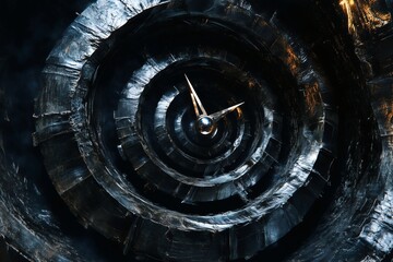 Abstract clock: time's passage through a swirling metallic tunnel, representing the relentless forward motion of moments.