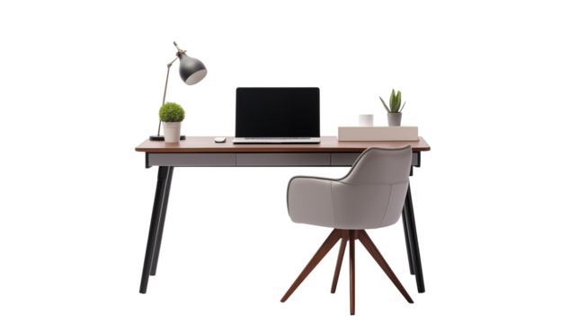 Minimalist desk setup featuring laptop, lamp and potted plants with clean lines