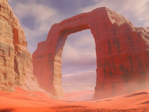 desert arch muted tones red rock arch against a hazy sky, desert landscape
