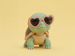 Cute 3D Turtle with Heart-Shaped Sunglasses on Bright Yellow Background