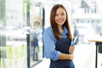 Portrait of asian Small Business Owner independent business ownership, holding tablet successful...