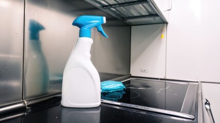 White spray-bottle with blue trigger on black reflective cooktop, crumpled blue cloth nearby, stainless-steel cabinetry, white wall, overhead metal rack, cleaning setup.