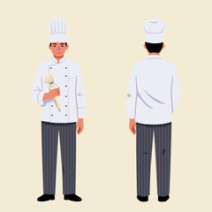 CHEF WITH COOKING UTENSILS AND STRIPED PANTS - Male Culinary Professional Illustration for Food Services