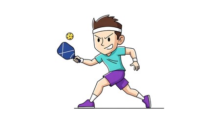 CARTOON caricature of a pickle ball pickleball player with a racquet and ball, athlete, playing, court, athletic character, outdoor sport, recreation, cartoon pickleball, paddle sport, fun, match
