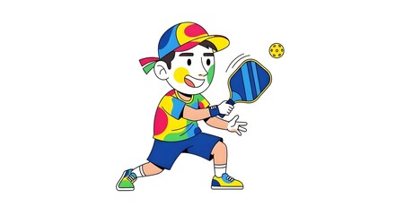 CARTOON caricature of a pickle ball pickleball player with a racquet and ball, athlete, playing, court, athletic character, outdoor sport, recreation, cartoon pickleball, paddle sport, fun, match