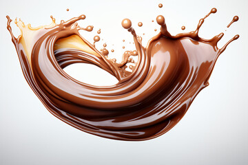 Chocolate splash forming circular shape with droplets on white backdrop