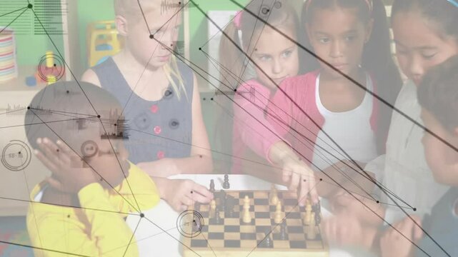 Girl in pink moving piece on chess board classmates leaning following animated tips for learning