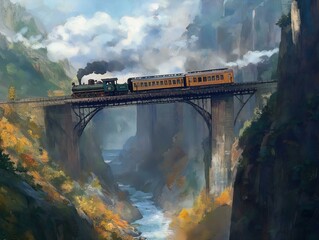 train on mountain bridge train traversing a high bridge over a mountain valley, dramatic landscape