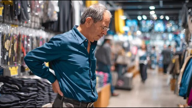 Homem, senhor de idade com dor nas costas, preoculpado dentro de uma loja.