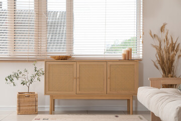 Wooden chest of drawers near window in interior of modern living room