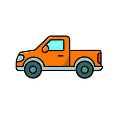 Vector illustration of a simple pick up car, either as a sticker, logo or icon on a white background.