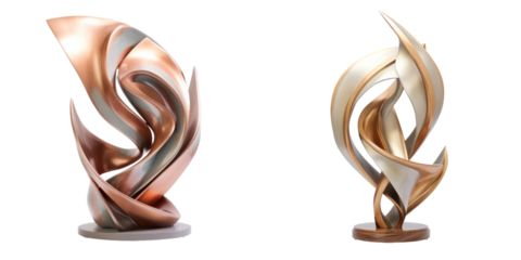 Two Abstract Sculptures in Copper and Gold Colors with Swirling Forms Isolated on a White Background
